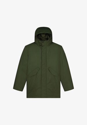 Olivovo zelená prešívaná parka s kapucňou, zapínanie na cvoky, dve predné vrecká a hladká, matná textúra.