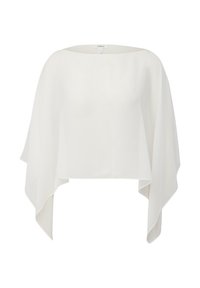 Biała, przezroczysta bluzka w stylu kimono z okrągłym dekoltem, luźnymi rękawami i swobodnym krojem, wykonana z lekkiego materiału.