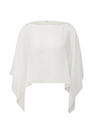 Biała, przezroczysta bluzka w stylu kimono z okrągłym dekoltem, luźnymi rękawami i swobodnym krojem, wykonana z lekkiego materiału.