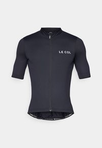 Maillot de cyclisme noir à manches courtes avec une fermeture éclair sur le devant et le logo "LE COL". Dispose d'un design épuré et d'un tissu lisse et extensible pour le confort.