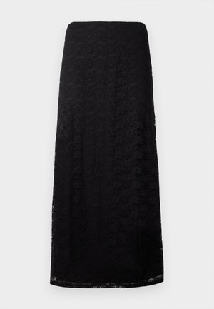 Gonna midi nera in pizzo con motivo floreale, taglio dritto e texture sottile, esposta su uno sfondo bianco semplice.