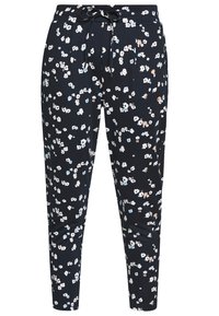 Marina blomsterbyxor med dragsko i midjan. Har ett spritt mönster av vita, blåa och bruna blommor. Mjuk, stretchig tyg; tapered design.