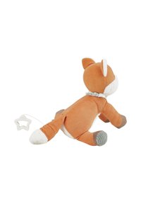 Stuffed fox toy in orange corduroy with white accents. Features a star-shaped attachment, gray paws, and a soft textured body.
