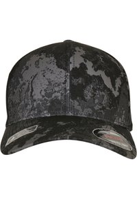 Zwarte pet met een camouflagepatroon in verschillende grijstinten. Voorzien van een gebogen klep en een waterafstotende stof. Inclusief een label aan de zijkant.
