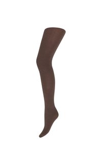 Uigennede brune strømpebukser med en glat tekstur, tætsiddende design og en foddel, der strækker sig fra tå til lår.