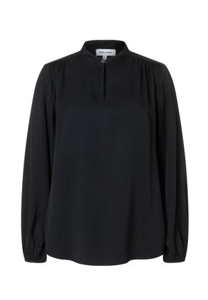 Zwarte blouse met lange mouwen, een hoge hals, een klein voorste sleutelgat, geplooide schouders en geplooide manchetten.