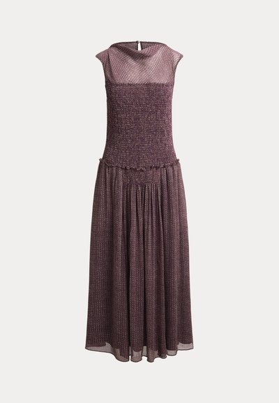 Purple, sleeveless dress featuring a fitted bodice, gathered waist, and flowing skirt. Textured fabric with subtle shimmer and delicate detailing.