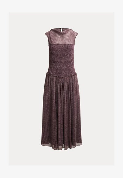 Purple, sleeveless dress featuring a fitted bodice, gathered waist, and flowing skirt. Textured fabric with subtle shimmer and delicate detailing.