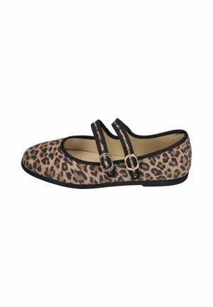Flat leopard print Mary Jane shoe with two black-trimmed straps and silver buckle closures, beige interior, and black sole.