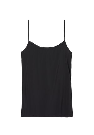 Top camisole noir en tissu lisse, doté de bretelles spaghetti et d'un décolleté droit. Design simple sans motifs ni embellissements.