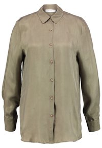 Olivově zelená košile s dlouhým rukávem na knoflíky, vyrobená z hladké látky. Má klasický límec a hnědé knoflíky na přední straně.