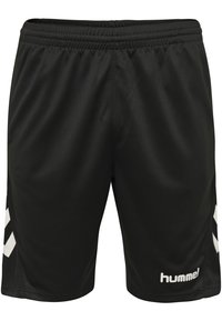  Sorte atletiske shorts lavet af glat syntetisk stof, med et hvidt logo og chevronmønsterdetalje på siden. Elastisk talje.