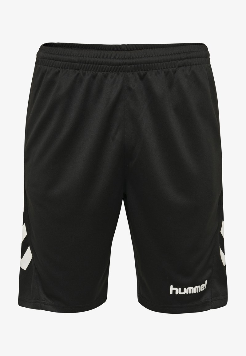 Zwarte sportshorts van een glad synthetische stof, met een wit logo en een chevronpatroon aan de zijkanten. Elastische tailleband.