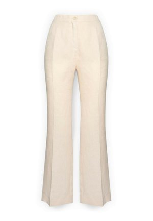 Beige højtaljede hørbukser med knaplukning og lige, let udvidede ben, vist på en hvid baggrund.