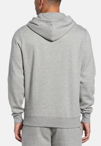 Grå sweatshirt med huva, med en slät yta, ribbade ärmslut och midjeband. Synliga sömmar på baksidan framhäver designens detaljer.