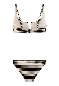 Gestreiftes Bikini-Set mit einem Bralette-Oberteil mit dünnen Trägern und passenden Höschen. Die Farben sind Schwarz und Beige mit horizontalen Streifen.