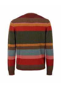 Maglione a maglia multicolore, vista posteriore. Presenta strisce orizzontali in rosso, rosa, arancione, verde, blu e marrone. Collo e orlo a coste.