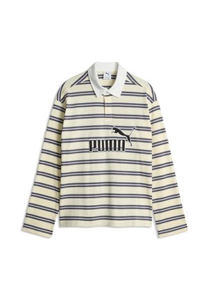 Langärmeliges Rugbyshirt mit weißem Kragen, cremefarbenem Grund, schwarzen horizontalen Streifen und schwarzem Puma-Logo sowie Schriftzug auf der Brust.