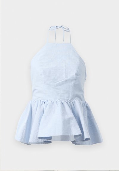 Hele sinine halterneck top, millel on peplum disain, õhukesed rihmad, tekstuurne kude ja kogutud äärega, mis loob laieneva silueti.