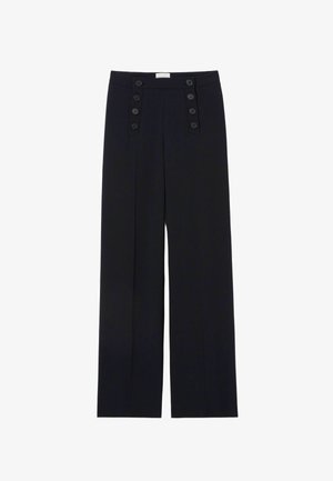 Pantaloni neri a vita alta con gambe larghe e due file verticali di quattro bottoni ciascuna sulla vita davanti.