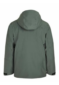 Giacca impermeabile verde con cappuccio, che presenta una superficie liscia, maniche lunghe e tasche a toppa sui lati. Caratterizzata da dettagli in Velcro neri.