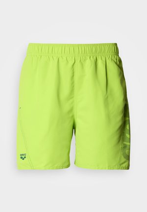 Neongelbe Badeshorts mit elastischem Bund und Seitentaschen, auf der linken Seite mit einem schwarzen Netzmuster und Logodetail versehen.