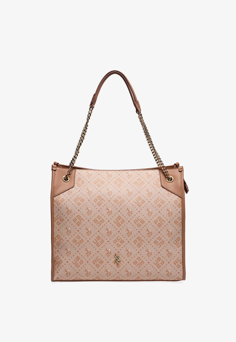 Vaaleanruskea olkalaukku, jossa on kultaketjuolkavyö ja nahkaiset yksityiskohdat. Laukussa on toistuva logokuvio ja sileä pinta.