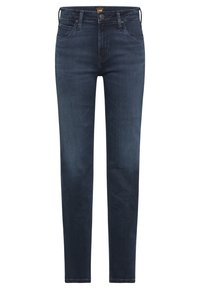 Jeans en denim bleu foncé avec une coupe slim, design à cinq poches et coutures contrastantes. Comprend une fermeture à bouton et à fermeture éclair à l'avant.