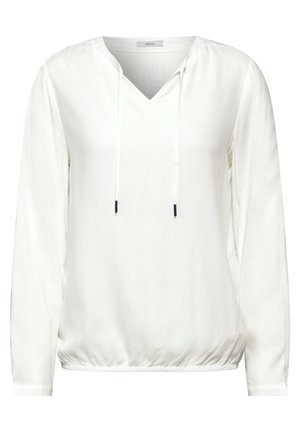 Weißes langärmliges Oberteil mit V-Ausschnitt und verstellbarem Kordelzug, aus strukturiertem Stoff gefertigt und mit einem gerafften Saum für eine lässige Passform.