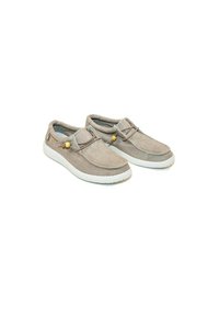 Gray suede shoes with white rubber soles, rounded toe, decorative brown laces, and gold accents. Casual design, flat construction.