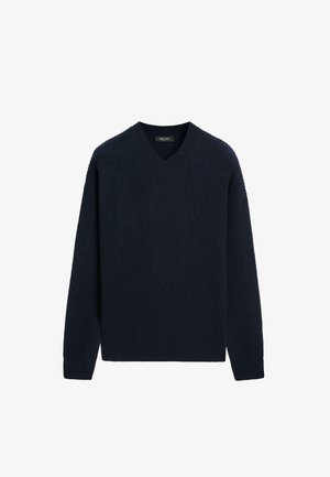 Navyblaues, geripptes Strickpullover mit V-Ausschnitt, langen Ärmeln und einer lockeren Passform. Weicher Stoff mit minimalen Details.