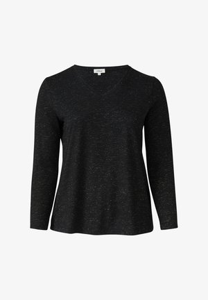 Czarny, długi rękaw V-neck top wykonany z miękkiego materiału, z teksturowanym wykończeniem o subtelnych wariacjach i luźnym kroju.