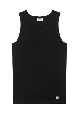 Zwarte geribbelde mouwloze tanktop met ronde halslijn en een klein Calvin Klein-logo patch rechtsonder aan de zoom.