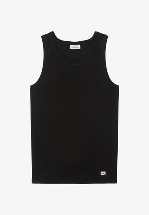 Zwarte geribbelde mouwloze tanktop met ronde halslijn en een klein Calvin Klein-logo patch rechtsonder aan de zoom.