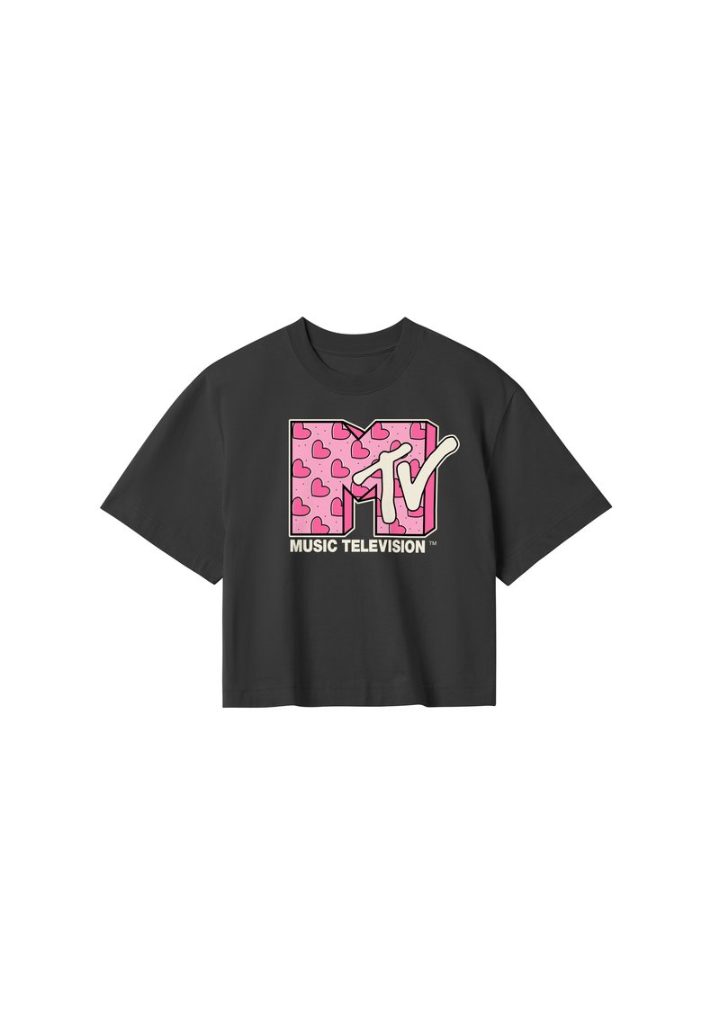 Černé zkrácené tričko vyrobené z bavlny, se stylovým růžovým logem MTV a vzory srdce. Krátké rukávy a kulatý výstřih.