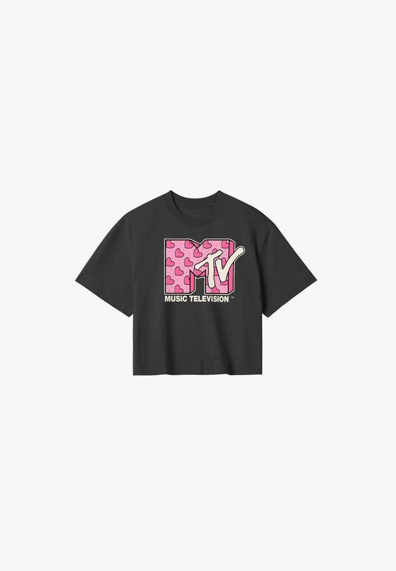 Černé zkrácené tričko vyrobené z bavlny, se stylovým růžovým logem MTV a vzory srdce. Krátké rukávy a kulatý výstřih.