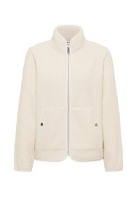 Veste en polaire couleur crème avec une fermeture éclair sur le devant, un col montant, des manches longues et deux poches avant avec des boutons-pression.