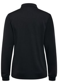 Schwarzes Langarm-Polohemd aus strukturiertem Stoff, mit Kragen und Bündchen. Einfaches, schlankes Design ohne Verzierungen.