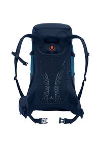 Zaino con design blu navy e teal, dotato di un pannello posteriore in rete imbottita, spallacci regolabili e un gancio arancione per una chiusura sicura.