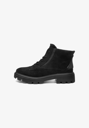 Black suede ankle boots feature a thick rubber sole, lace-up design, and side detailing with textured accents.