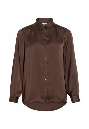 Chemise marron en satin à manches longues avec un col, une fermeture boutonnée sur le devant et un ourlet arrondi. Texture lisse avec un éclat subtil.