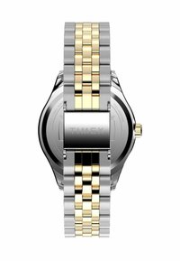 Timex watch with a silver stainless steel and gold-accented link bracelet. Features a round case and textured metal buckle.