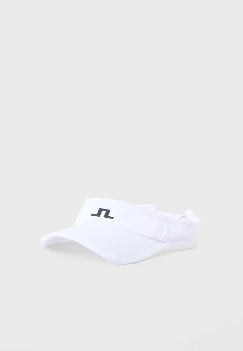 Visière de sport blanche avec une visière courbée et un logo stylisé noir sur la bande frontale, sur un fond uni.