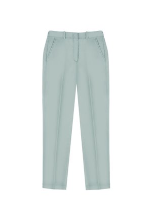 Lichtgroene broek van een zachte stof, met twee zijzakken, een ritssluiting en een getailleerd ontwerp met een taps toelopende pijp.