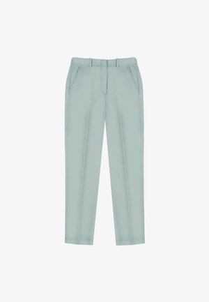 Lichtgroene broek van een zachte stof, met twee zijzakken, een ritssluiting en een getailleerd ontwerp met een taps toelopende pijp.