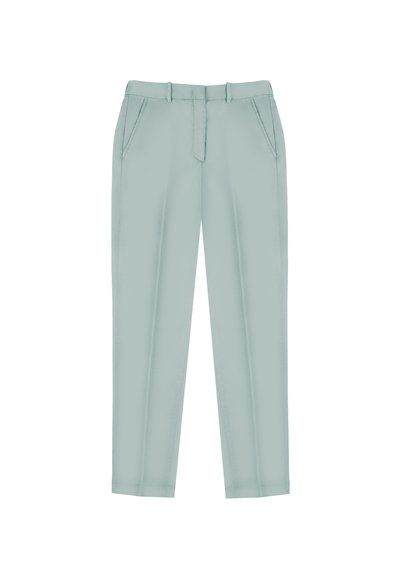 Pantalons vert clair en tissu lisse, dotés de deux poches latérales, d'une braguette zippée et d'une coupe ajustée avec une jambe fuselée.