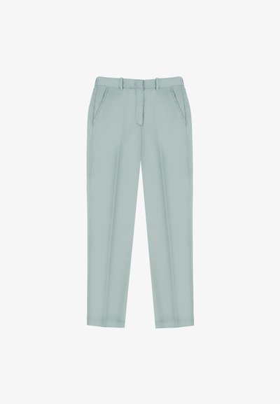 Pantalons vert clair en tissu lisse, dotés de deux poches latérales, d'une braguette zippée et d'une coupe ajustée avec une jambe fuselée.