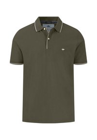 Polo shirt in olijfgroen katoen, met een twee-knopen knoopsluiting, witte afwerking op de kraag en mouwen, en een klein logo op de borst.