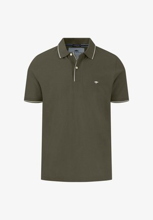 Polo shirt in olive green cotton, featuring a two-button placket, white trim on the collar and sleeves, and a small logo on the chest.