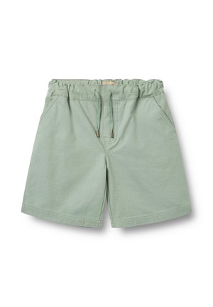 Pantaloncini con vita elastica verde chiaro, coulisse e tasche laterali, realizzati in tessuto morbido.